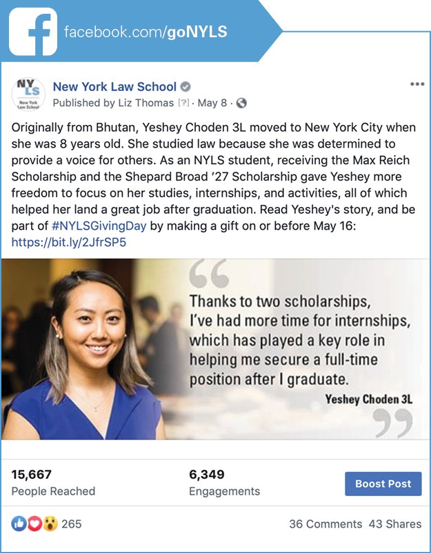 Originally from Bhutan, Yeshey Choden 3L moved to New York City when she was 8 years old. She studied law because she was determined to provide a voice for others. As an NYLS student, receiving the Max Reich Scholarship and the Shepard Broad ’27 Scholarship gave Yeshey more freedom to focus on her studies, internships, and activities, all of which helped her land a great job after graduation. Read Yeshey's story, and be part of #NYLSGivingDay by making a gift on or before May 16: https://bit.ly/2JfrSP5