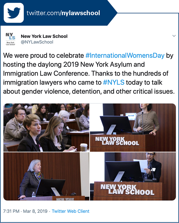 We were proud to celebrate #InternationalWomensDay by hosting the daylong 2019 New York Asylum and Immigration Law Conference. Thanks to the hundreds of immigration lawyers who came to #NYLS today to talk about gender violence, detention, and other critical issues.